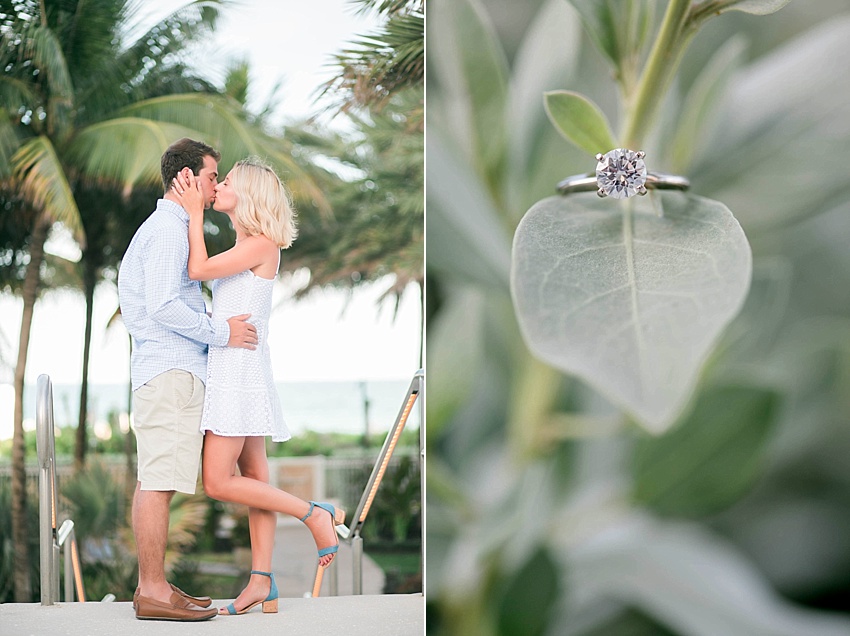 Engaged couple kissing on south beach